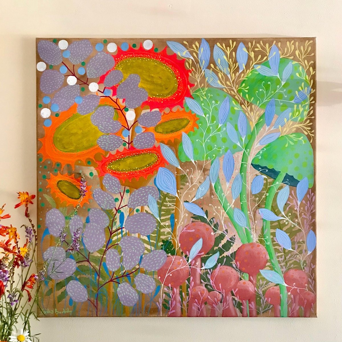 Original Floral Art: Acrylic & Watercolour Painting on Canvas (60x60cm) - Erika's Whimsical Art