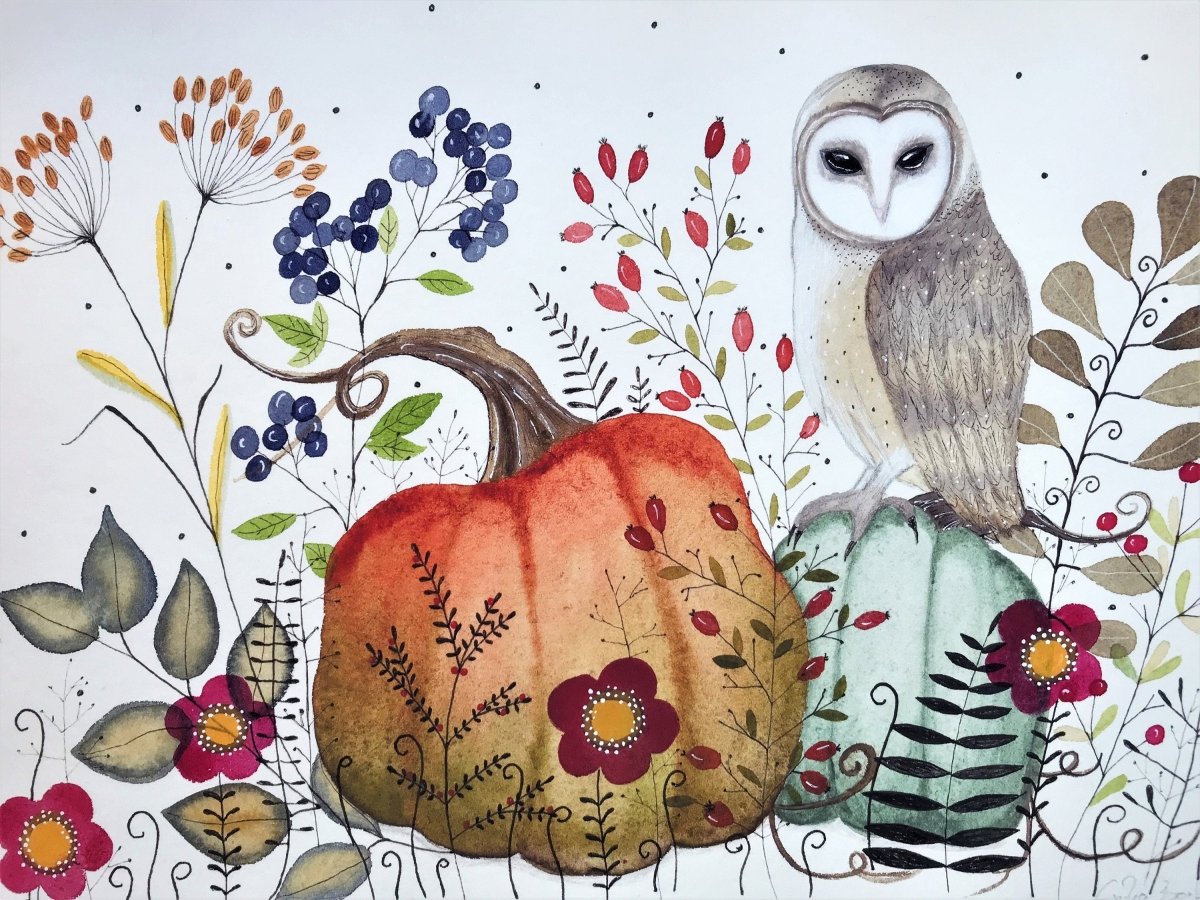 Owl wall art, Owl Illustration, Woodland animal print,A4 Art Print, Home Décor, Colourful wall art, Floral wall art,Owl print, Kitchen Print - Erika's Whimsical Art