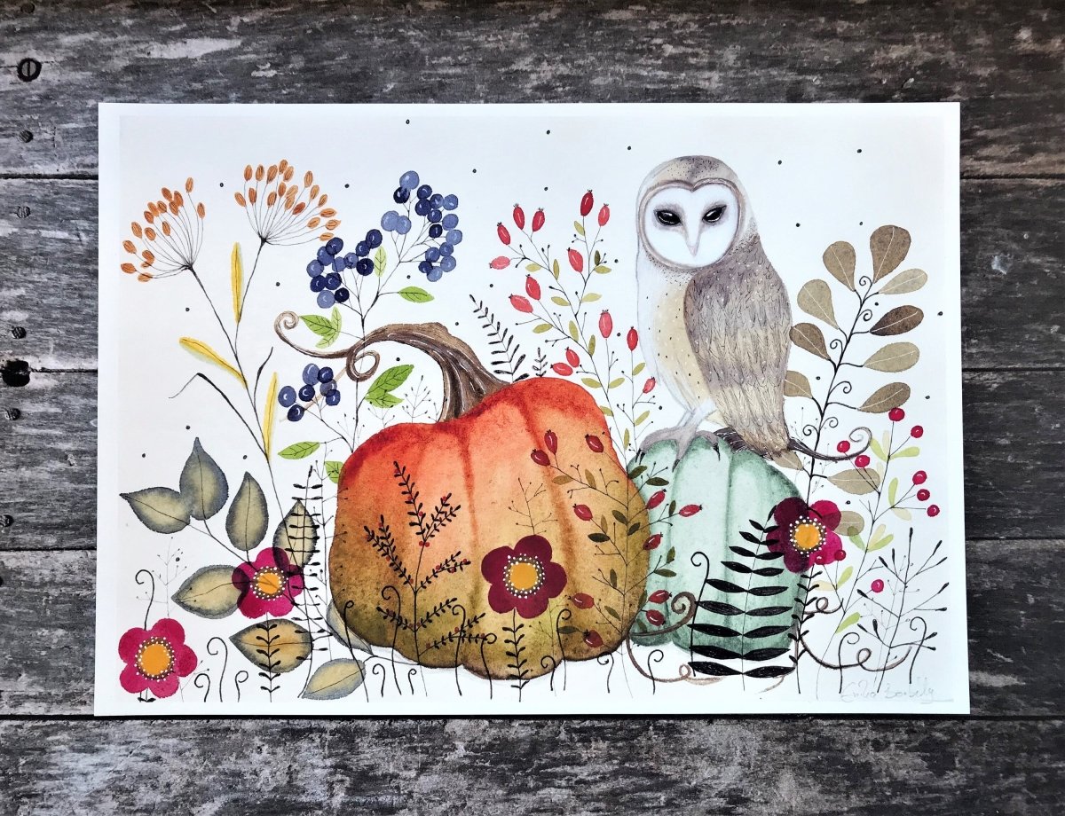 Owl wall art, Owl Illustration, Woodland animal print,A4 Art Print, Home Décor, Colourful wall art, Floral wall art,Owl print, Kitchen Print - Erika's Whimsical Art