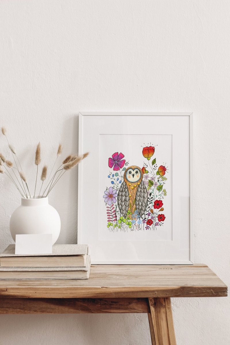 Owl wall art, Owl Illustration, Woodland animal print,A4 Art Print, Home Décor, Colourful wall art, Floral wall art,Owl print, Kitchen Print - Erika's Whimsical Art