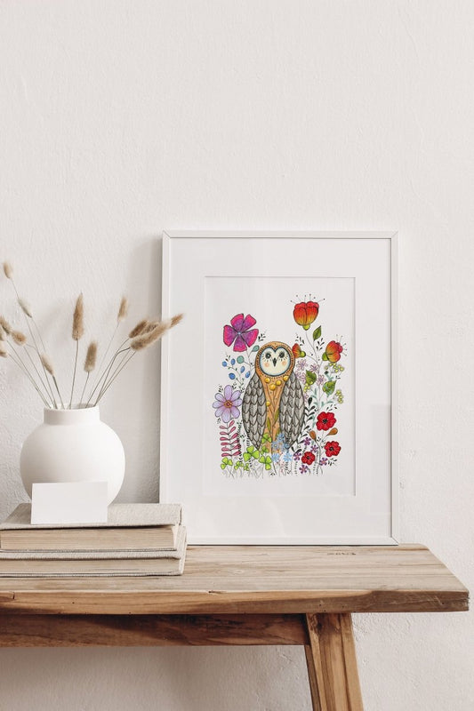 Owl wall art, Owl Illustration, Woodland animal print,A4 Art Print, Home Décor, Colourful wall art, Floral wall art,Owl print, Kitchen Print - Erika's Whimsical Art