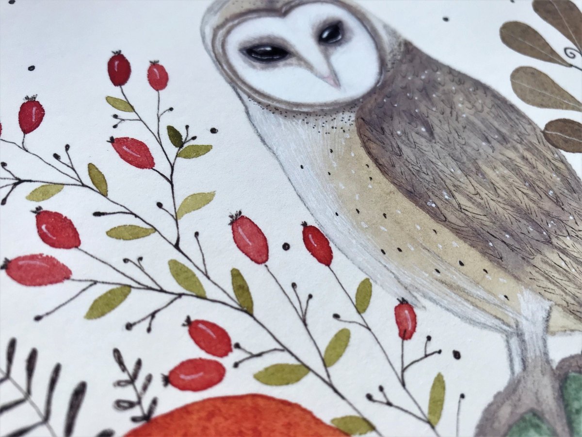 Owl wall art, Owl Illustration, Woodland animal print,A4 Art Print, Home Décor, Colourful wall art, Floral wall art,Owl print, Kitchen Print - Erika's Whimsical Art