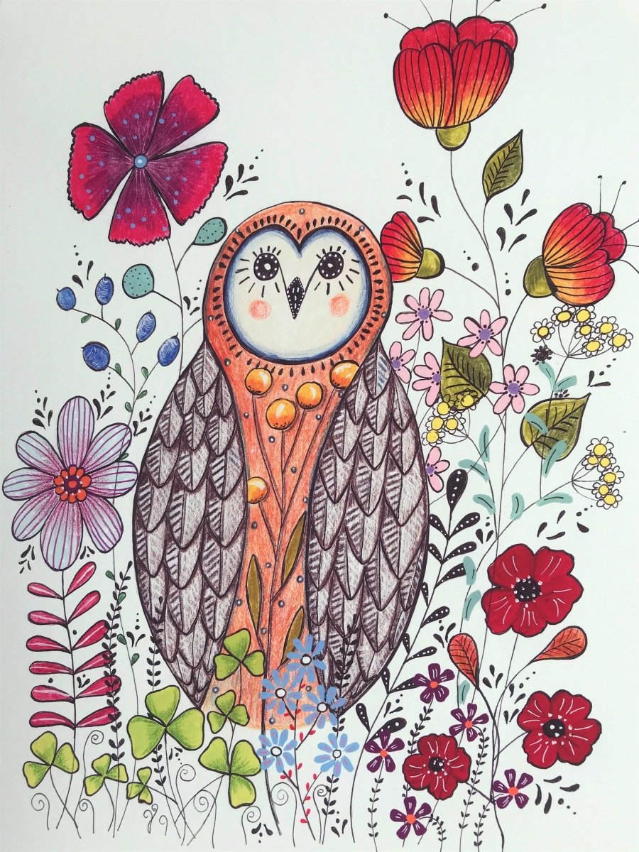 Owl wall art, Owl Illustration, Woodland animal print,A4 Art Print, Home Décor, Colourful wall art, Floral wall art,Owl print, Kitchen Print - Erika's Whimsical Art