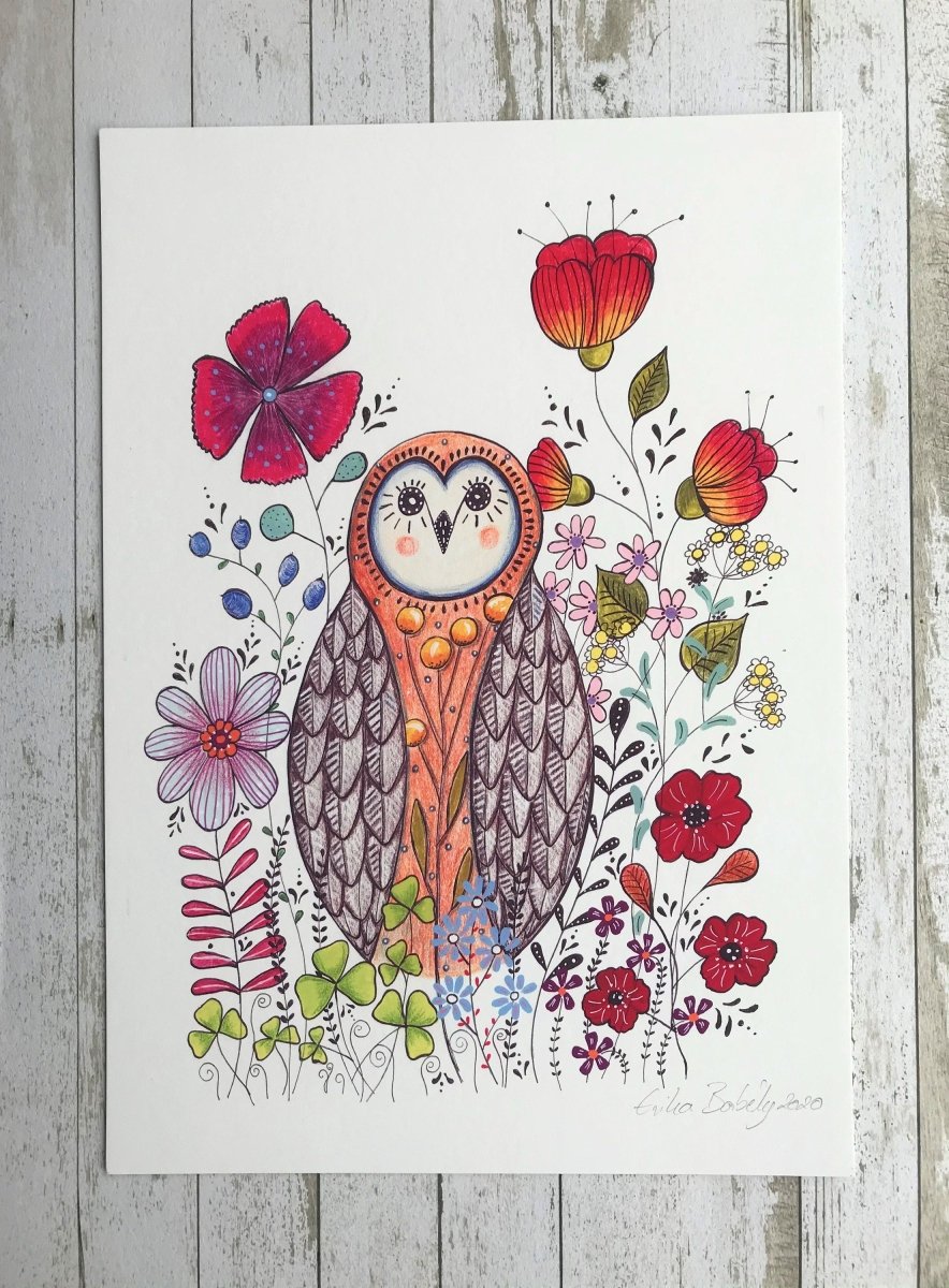 Owl wall art, Owl Illustration, Woodland animal print,A4 Art Print, Home Décor, Colourful wall art, Floral wall art,Owl print, Kitchen Print - Erika's Whimsical Art