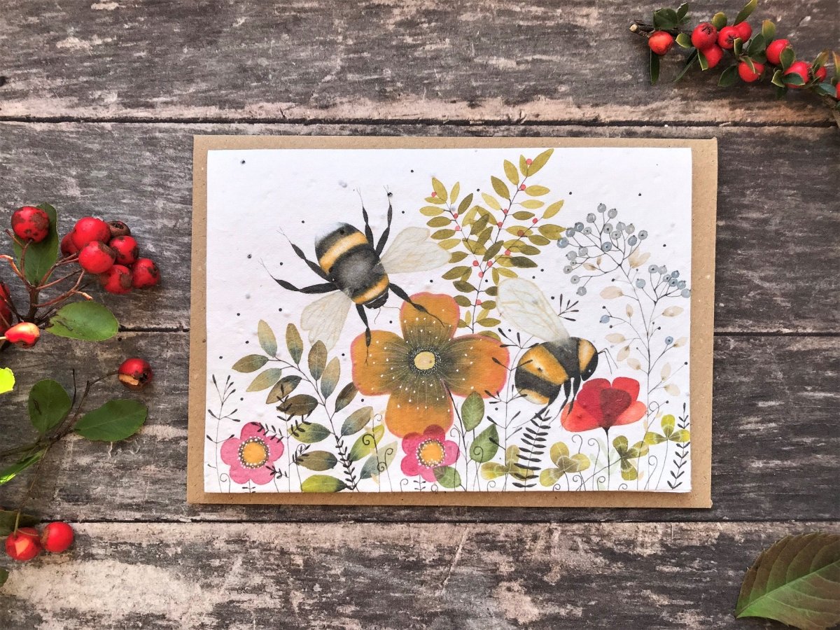 Plantable Bee Birthday Card: Flower Seed Paper, Eco - Friendly - Erika's Whimsical Art