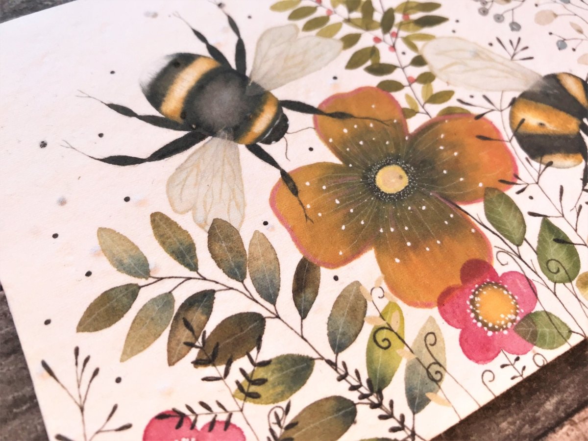 Plantable Bee Birthday Card: Flower Seed Paper, Eco - Friendly - Erika's Whimsical Art