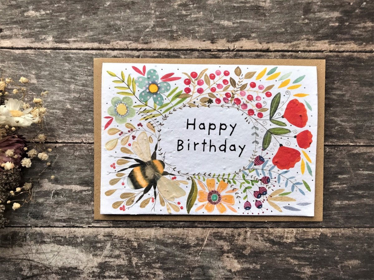 Plantable Bee Birthday Card: Wildflower Seed Paper - Erika's Whimsical Art