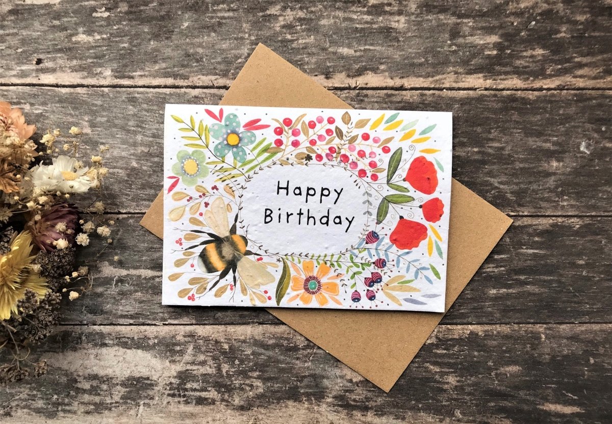 Plantable Bee Birthday Card: Wildflower Seed Paper - Erika's Whimsical Art