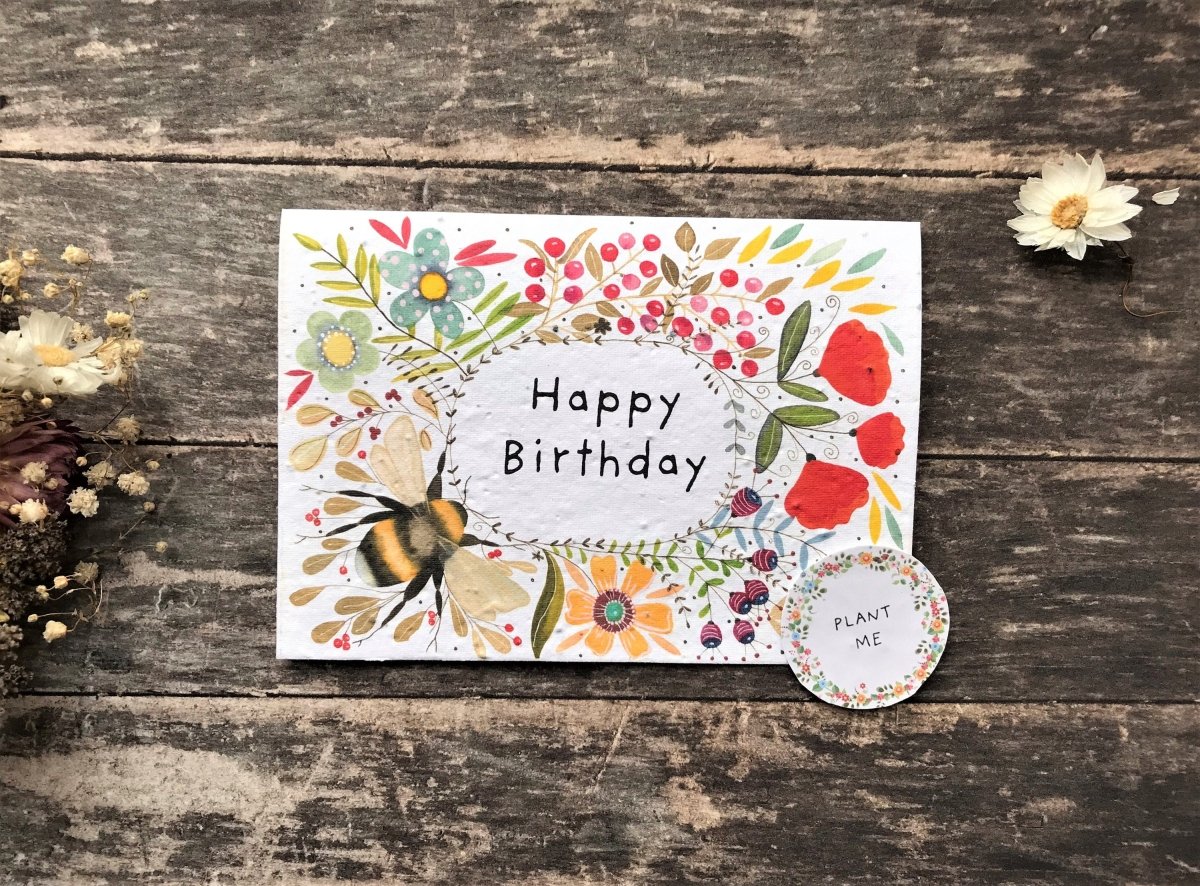 Plantable Bee Birthday Card: Wildflower Seed Paper - Erika's Whimsical Art