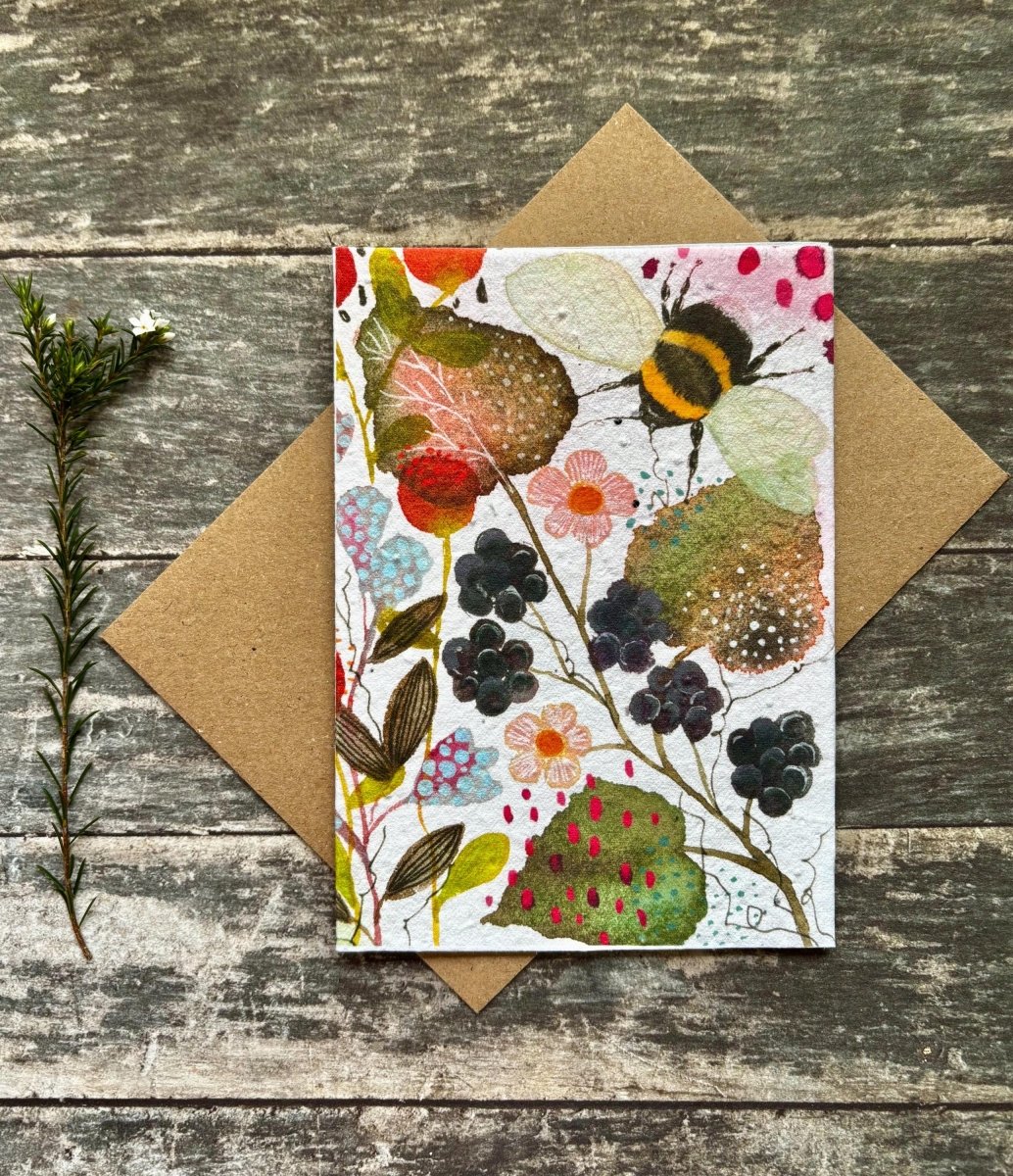 Plantable Bee Card – Wild Blackberry Garden Seed Paper Greeting Card - Erika's Whimsical Art