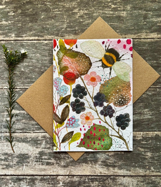 Plantable Bee Card – Wild Blackberry Garden Seed Paper Greeting Card - Erika's Whimsical Art