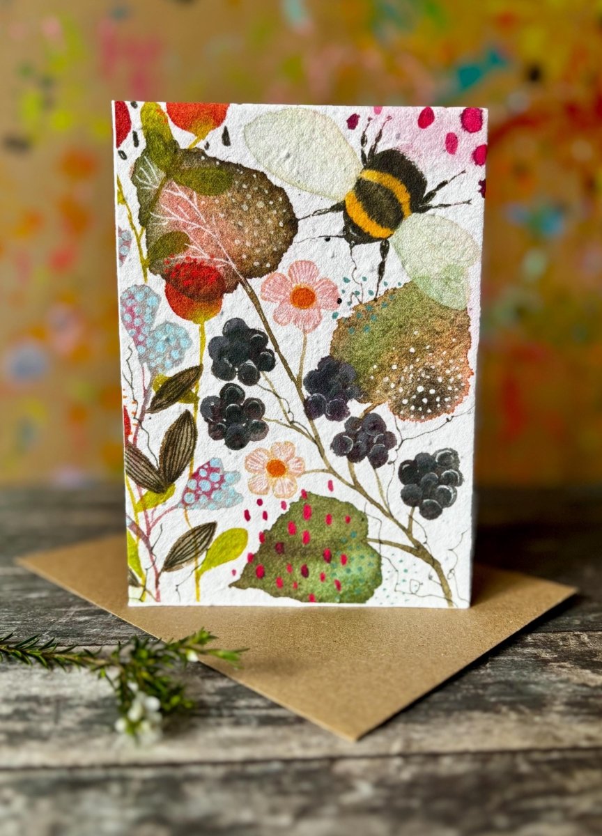Plantable Bee Card – Wild Blackberry Garden Seed Paper Greeting Card - Erika's Whimsical Art