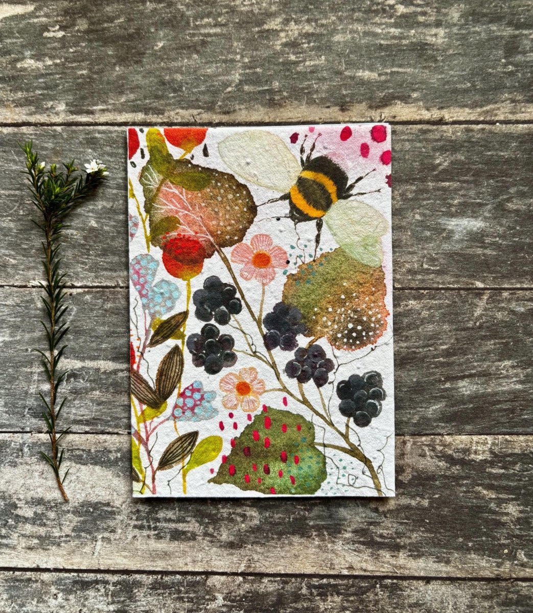 Plantable Bee Card – Wild Blackberry Garden Seed Paper Greeting Card - Erika's Whimsical Art
