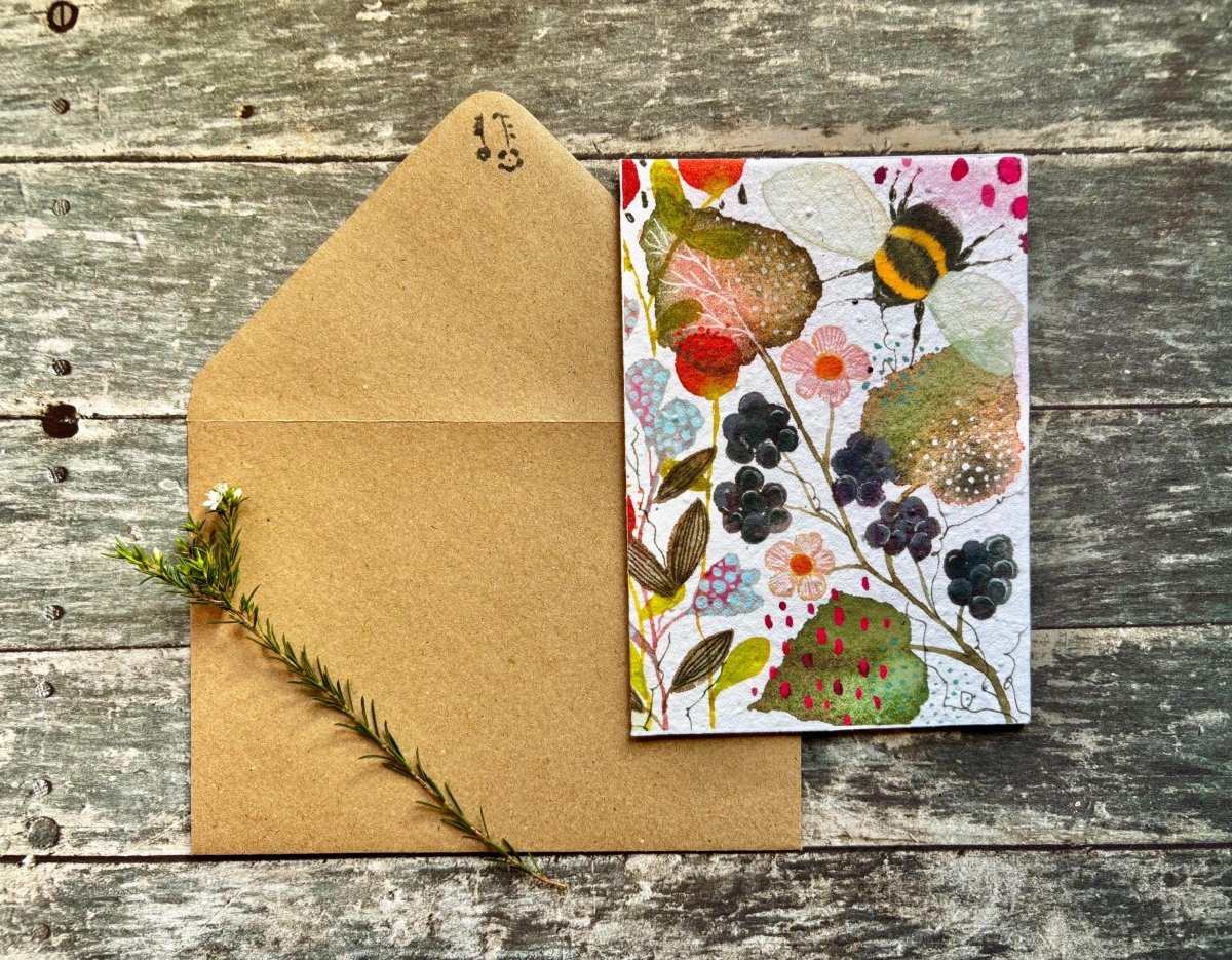 Plantable Bee Card – Wild Blackberry Garden Seed Paper Greeting Card - Erika's Whimsical Art