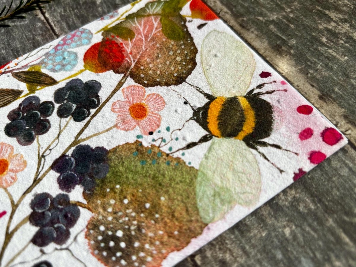 Plantable Bee Card – Wild Blackberry Garden Seed Paper Greeting Card - Erika's Whimsical Art