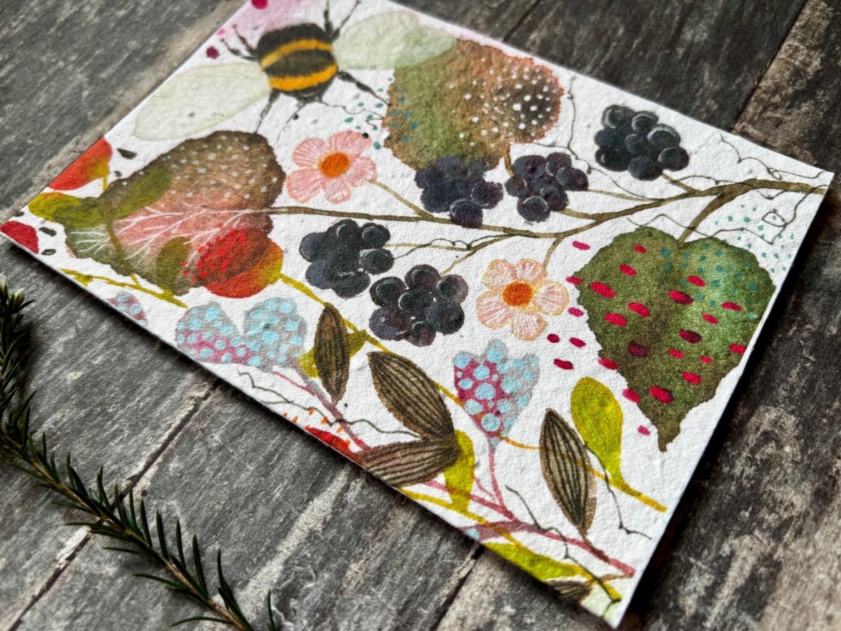 Plantable Bee Card – Wild Blackberry Garden Seed Paper Greeting Card - Erika's Whimsical Art