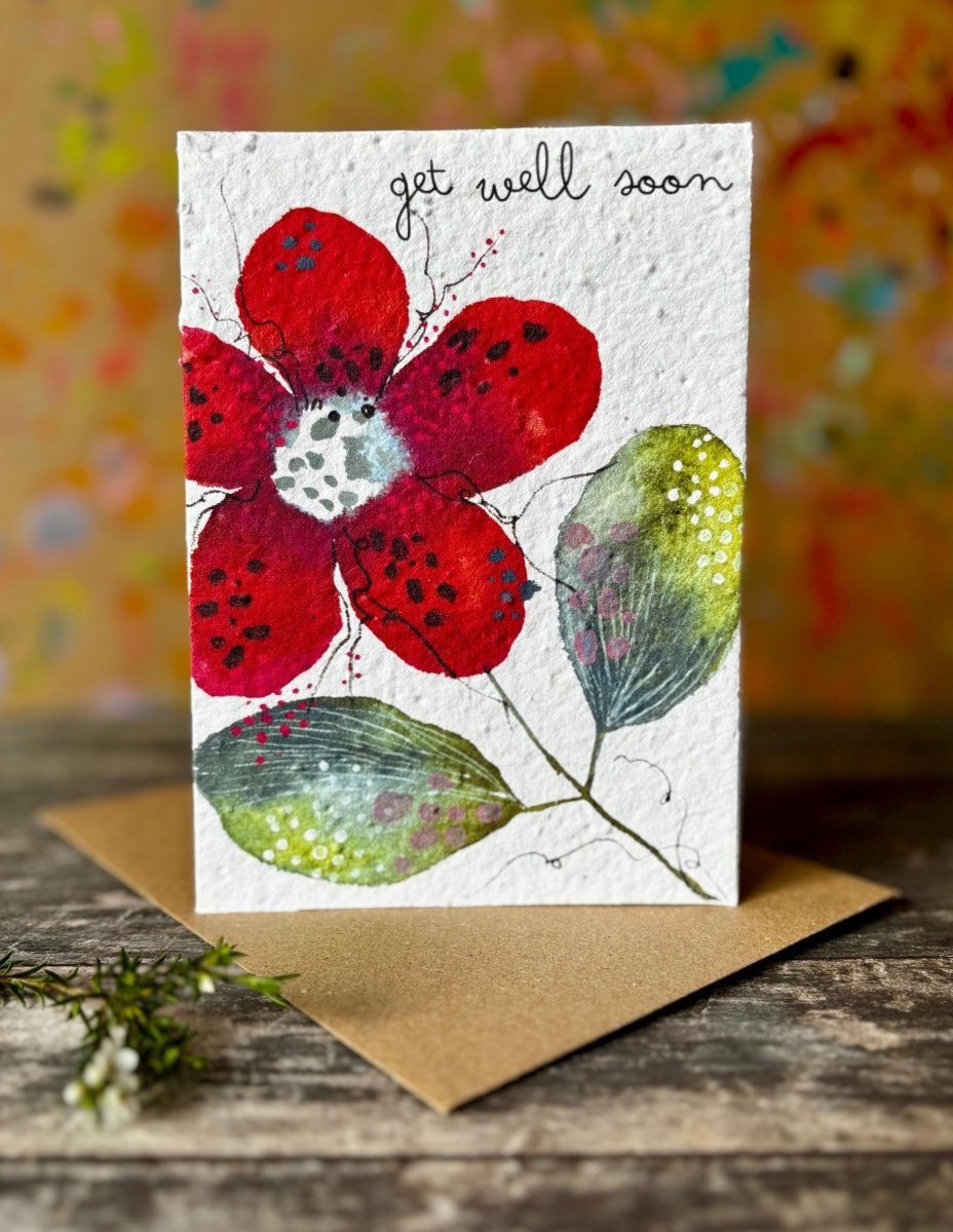 Plantable Get Well Card – Red Flower Seed Paper, Eco - Friendly Gift - Erika's Whimsical Art