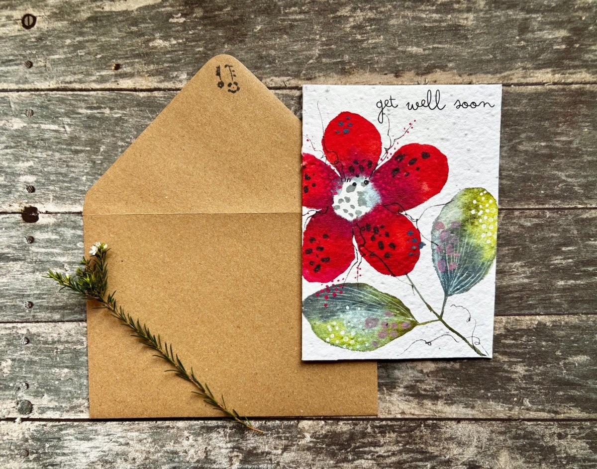 Plantable Get Well Card – Red Flower Seed Paper, Eco - Friendly Gift - Erika's Whimsical Art