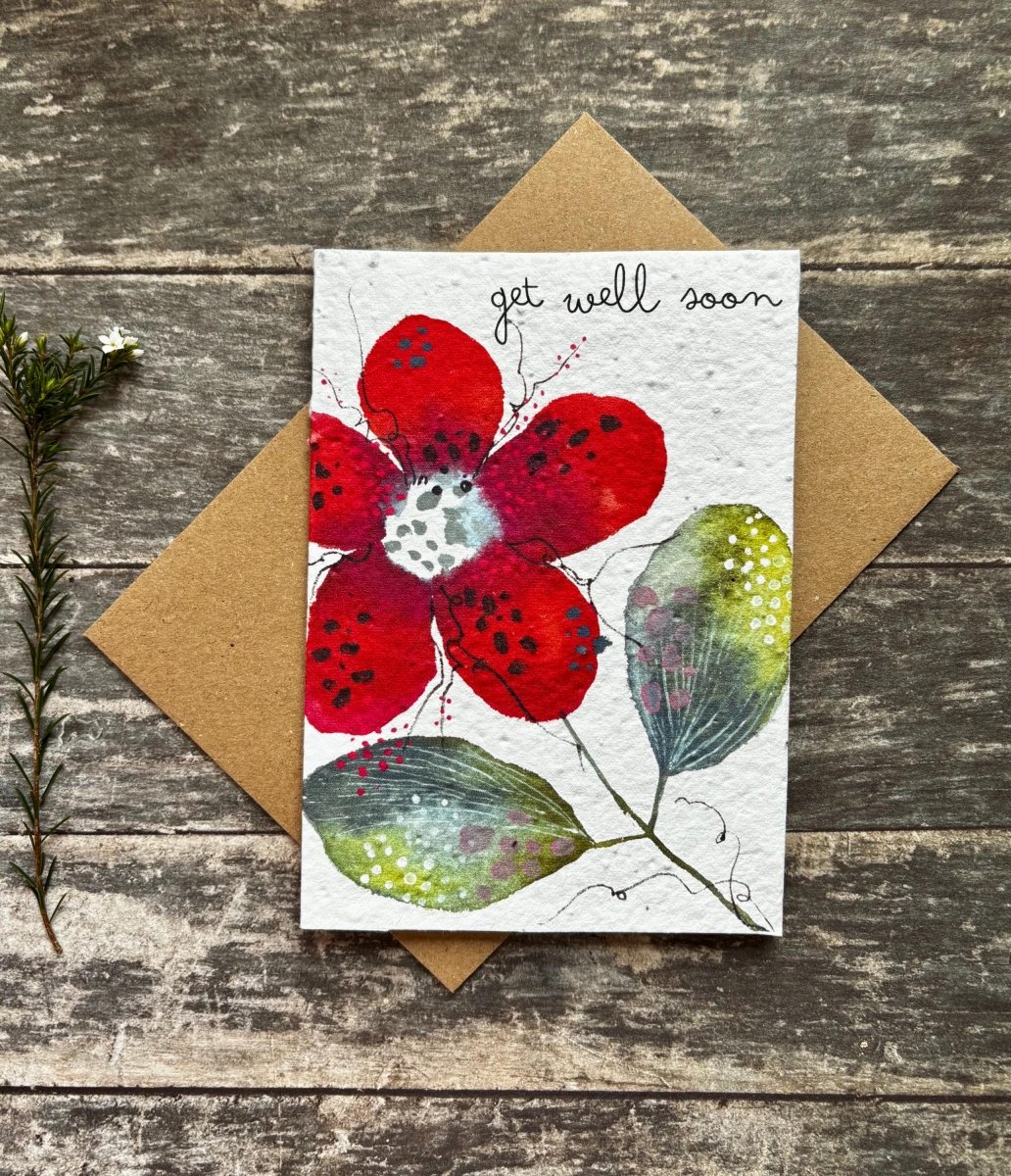 Plantable Get Well Card – Red Flower Seed Paper, Eco - Friendly Gift - Erika's Whimsical Art