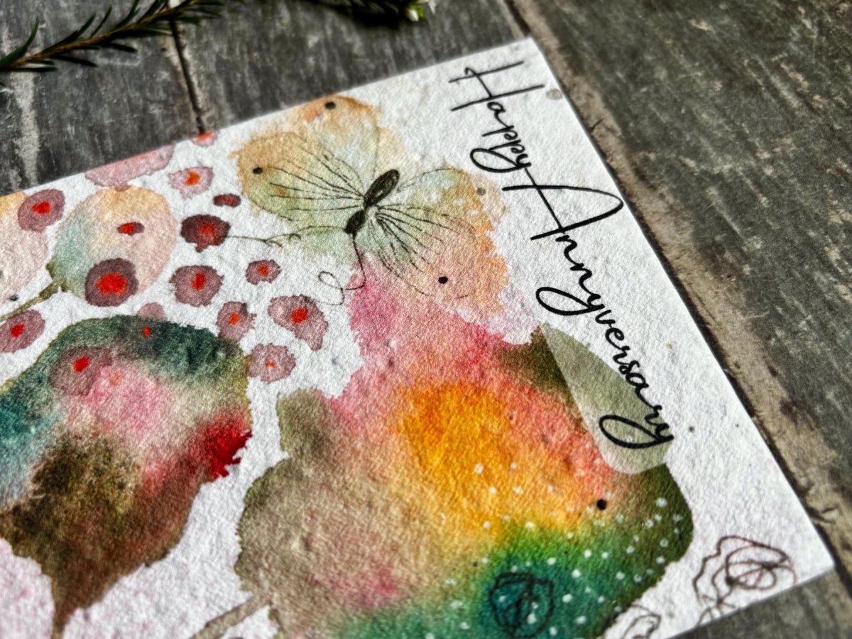 Plantable Happy Anniversary Card – Eco Friendly Seed Paper Wildflower Card, Colourful Watercolour Leaves & Butterfly - Erika's Whimsical Art