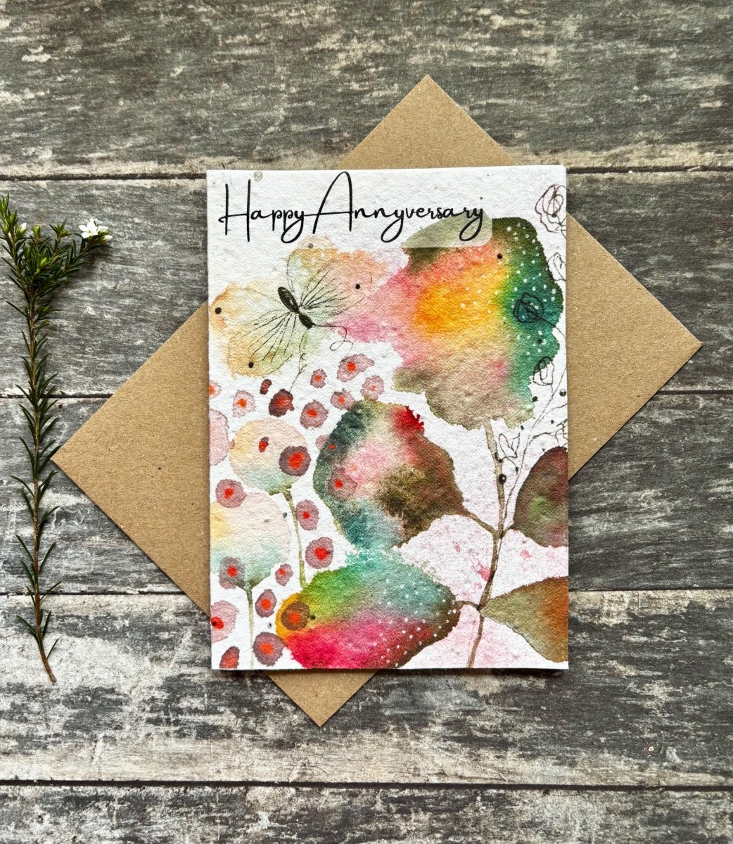 Plantable Happy Anniversary Card – Eco Friendly Seed Paper Wildflower Card, Colourful Watercolour Leaves & Butterfly - Erika's Whimsical Art