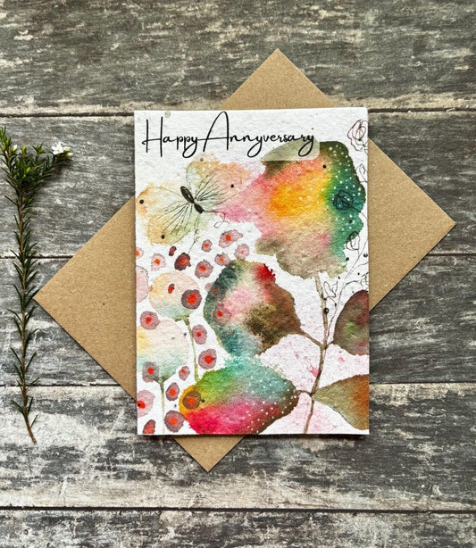 Plantable Happy Anniversary Card – Eco Friendly Seed Paper Wildflower Card, Colourful Watercolour Leaves & Butterfly - Erika's Whimsical Art