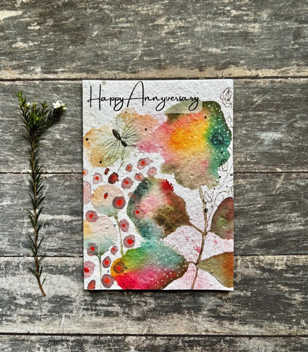 Plantable Happy Anniversary Card – Eco Friendly Seed Paper Wildflower Card, Colourful Watercolour Leaves & Butterfly - Erika's Whimsical Art