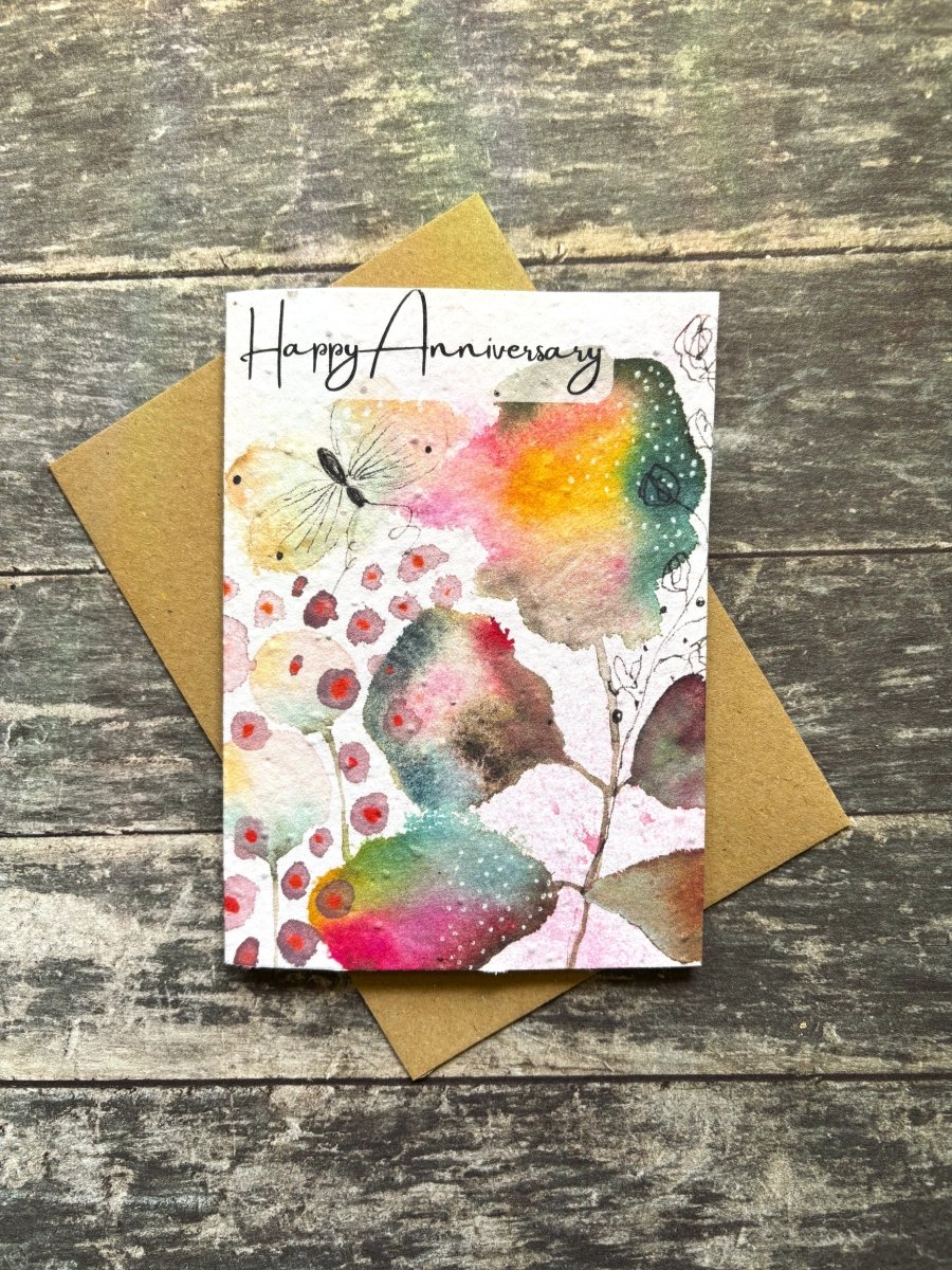 Plantable Happy Anniversary Card – Eco Friendly Seed Paper Wildflower Card, Colourful Watercolour Leaves & Butterfly - Erika's Whimsical Art