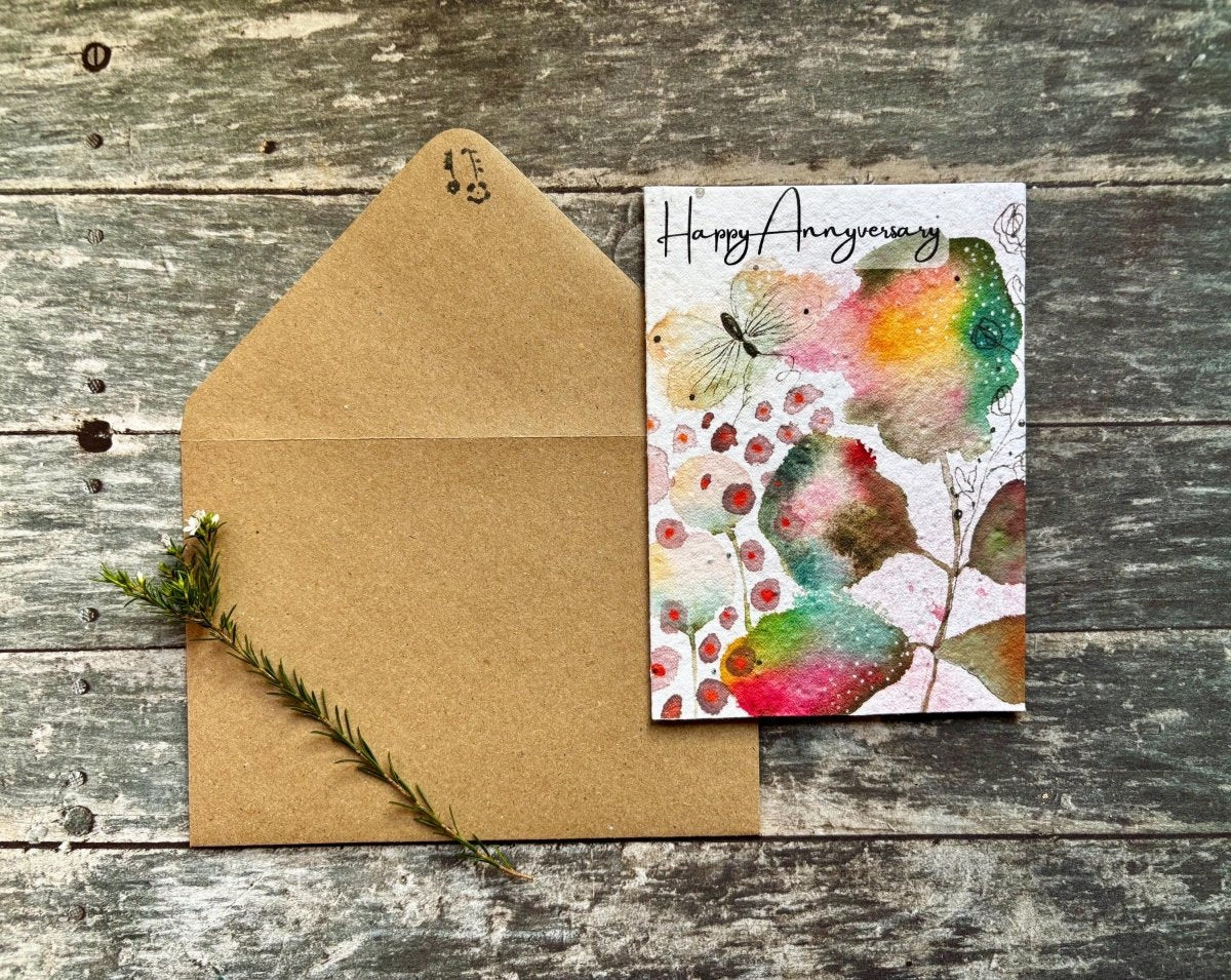 Plantable Happy Anniversary Card – Eco Friendly Seed Paper Wildflower Card, Colourful Watercolour Leaves & Butterfly - Erika's Whimsical Art