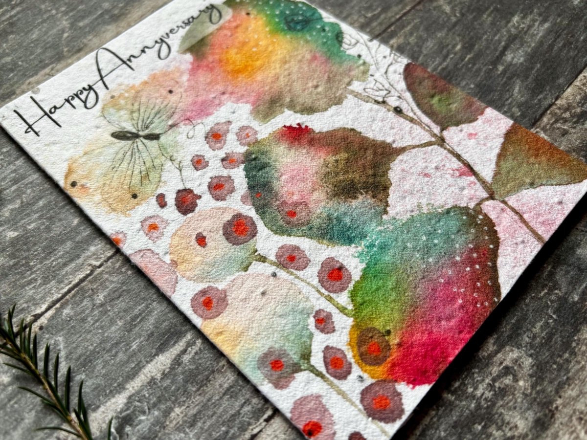 Plantable Happy Anniversary Card – Eco Friendly Seed Paper Wildflower Card, Colourful Watercolour Leaves & Butterfly - Erika's Whimsical Art