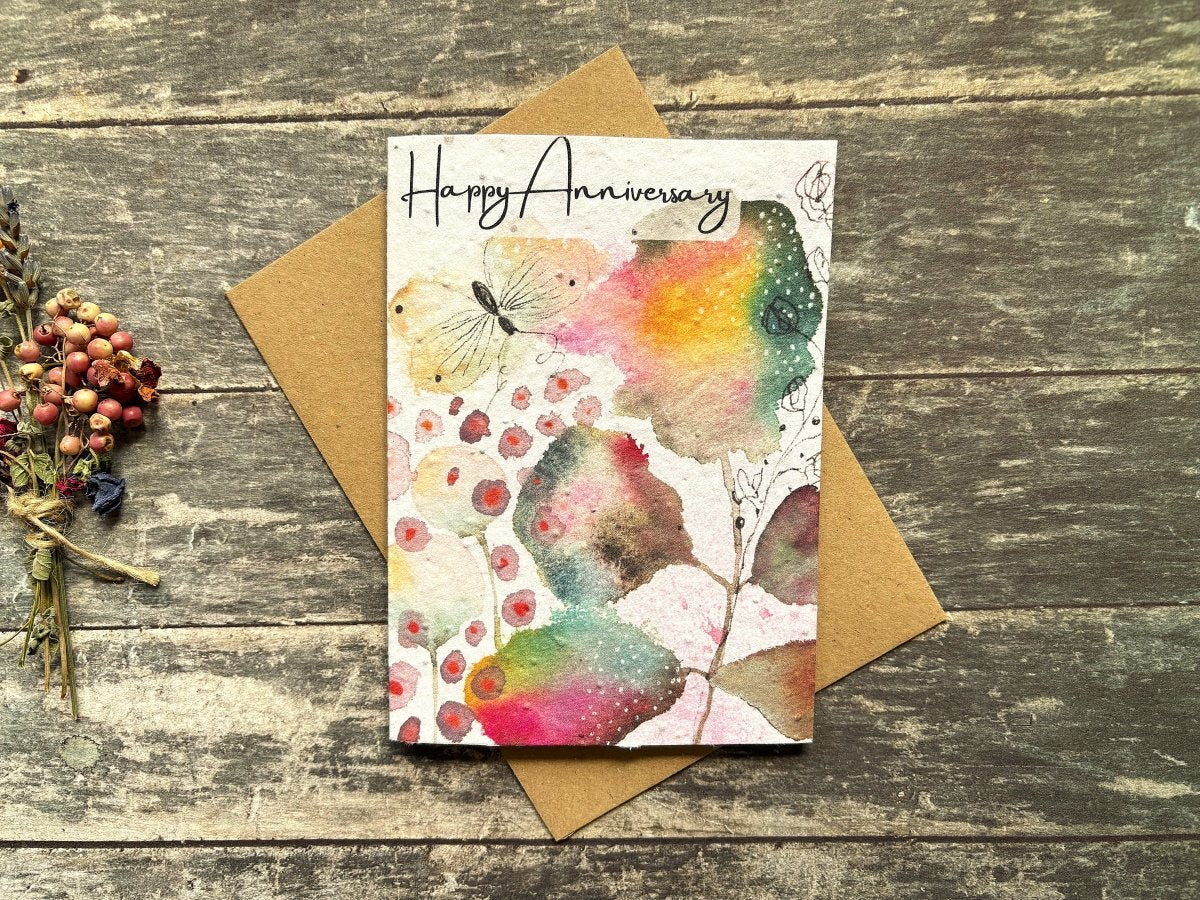Plantable Happy Anniversary Card – Eco Friendly Seed Paper Wildflower Card, Colourful Watercolour Leaves & Butterfly - Erika's Whimsical Art