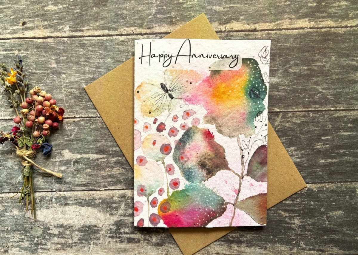 Plantable Happy Anniversary Card – Eco Friendly Seed Paper Wildflower Card, Colourful Watercolour Leaves & Butterfly - Erika's Whimsical Art