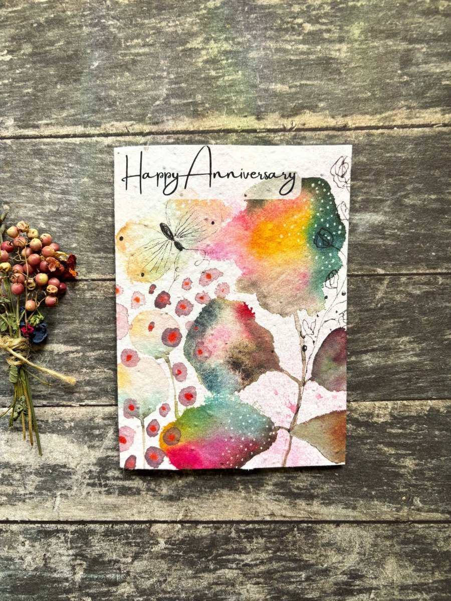 Plantable Happy Anniversary Card – Eco Friendly Seed Paper Wildflower Card, Colourful Watercolour Leaves & Butterfly - Erika's Whimsical Art
