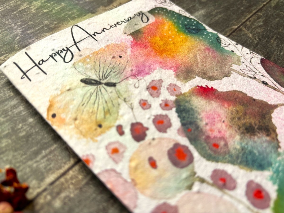 Plantable Happy Anniversary Card – Eco Friendly Seed Paper Wildflower Card, Colourful Watercolour Leaves & Butterfly - Erika's Whimsical Art