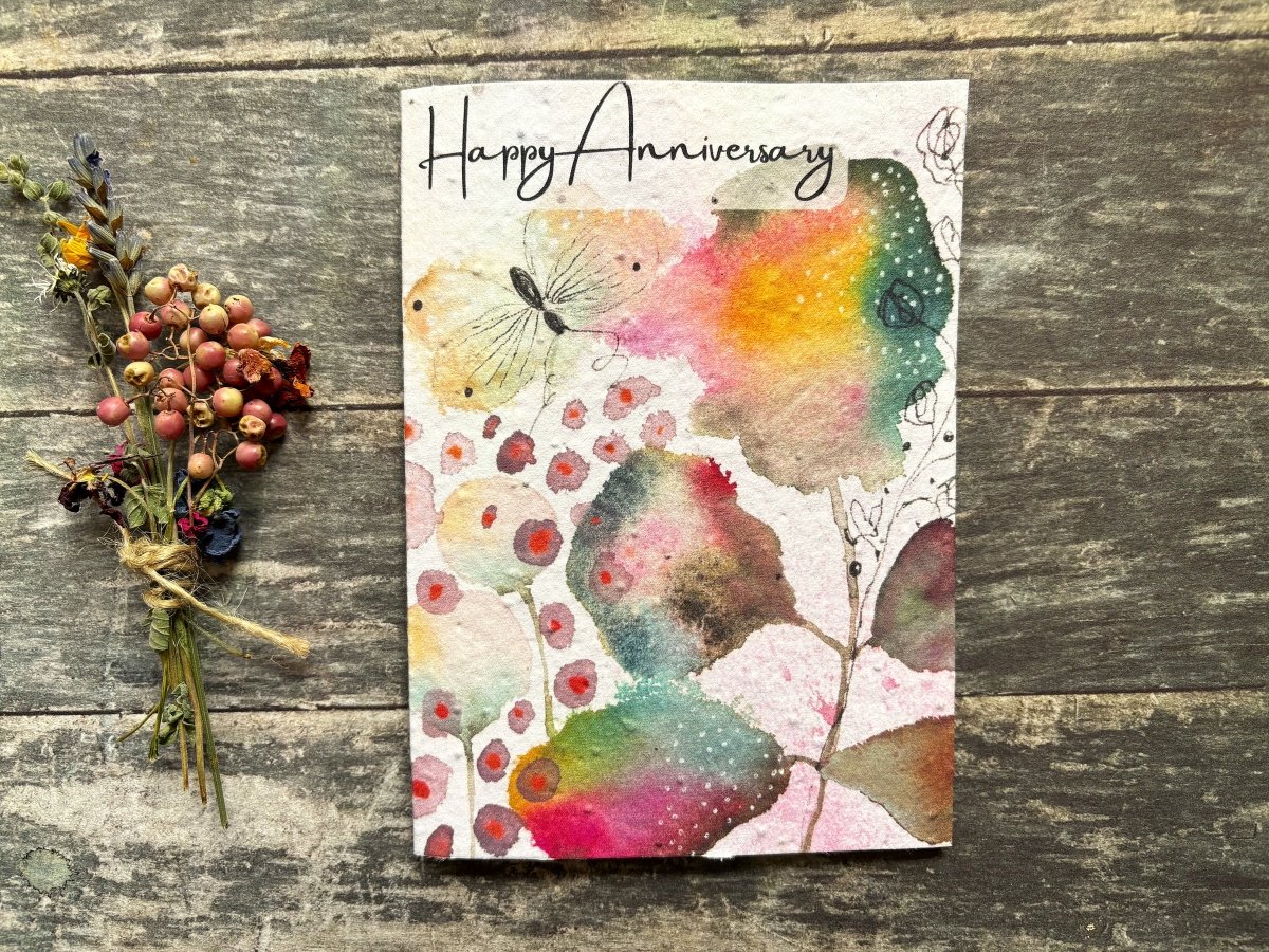 Plantable Happy Anniversary Card – Eco Friendly Seed Paper Wildflower Card, Colourful Watercolour Leaves & Butterfly - Erika's Whimsical Art