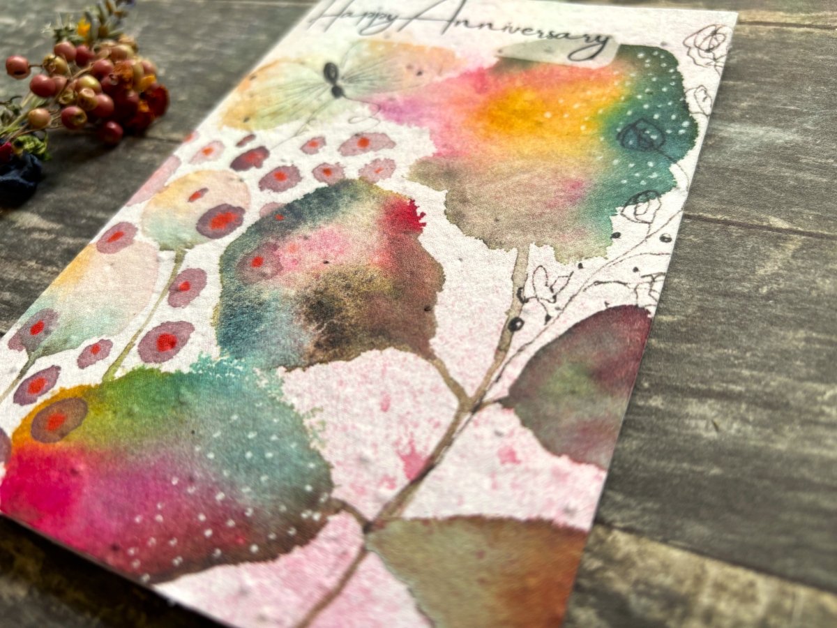 Plantable Happy Anniversary Card – Eco Friendly Seed Paper Wildflower Card, Colourful Watercolour Leaves & Butterfly - Erika's Whimsical Art
