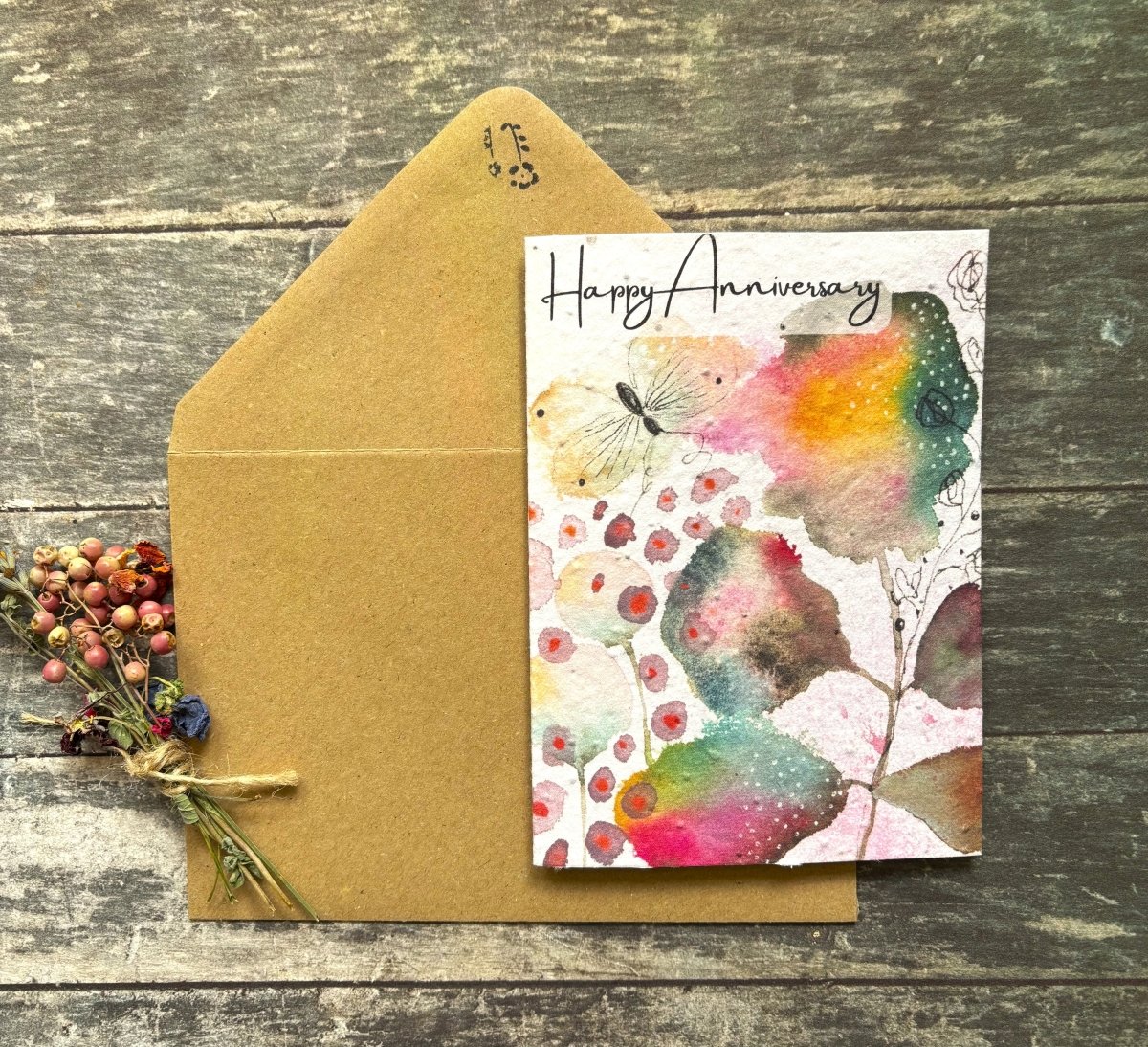 Plantable Happy Anniversary Card – Eco Friendly Seed Paper Wildflower Card, Colourful Watercolour Leaves & Butterfly - Erika's Whimsical Art