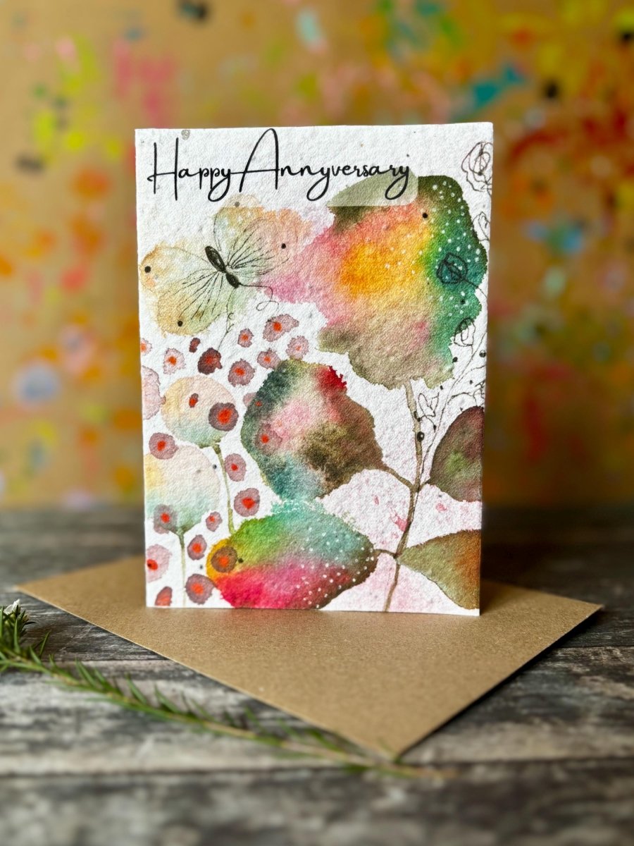 Plantable Happy Anniversary Card – Eco Friendly Seed Paper Wildflower Card, Colourful Watercolour Leaves & Butterfly - Erika's Whimsical Art