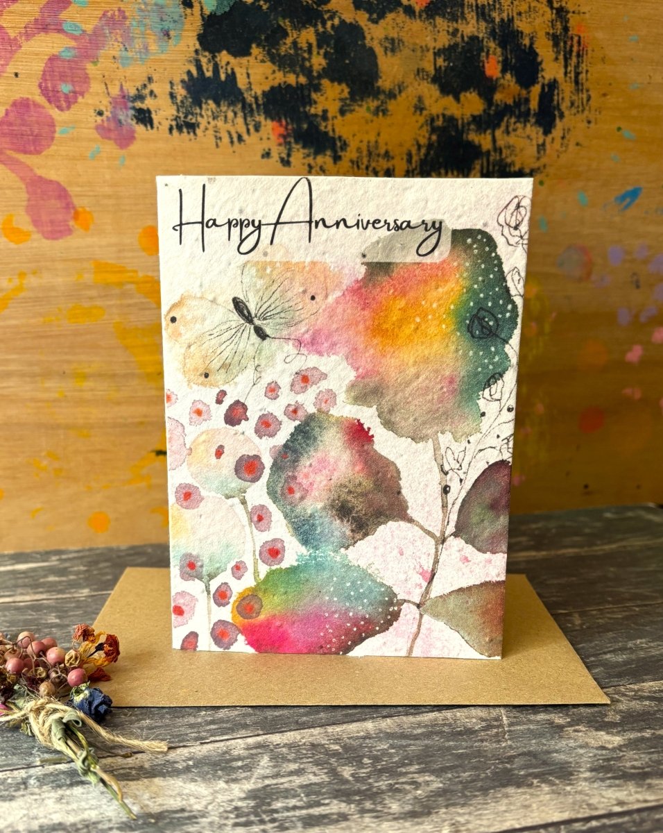 Plantable Happy Anniversary Card – Eco Friendly Seed Paper Wildflower Card, Colourful Watercolour Leaves & Butterfly - Erika's Whimsical Art