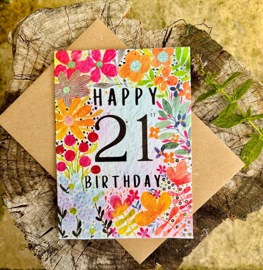 Plantable Seed Paper 21st Birthday Card: Bee Greeting Card - Erika's Whimsical Art