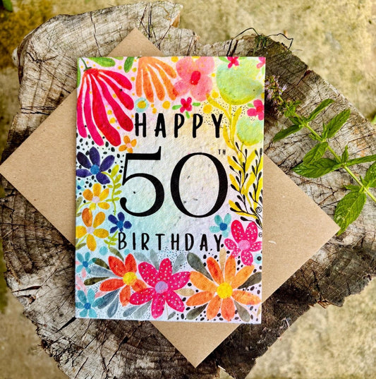 Plantable Seed Paper 50th Birthday Card: Bee Design - Erika's Whimsical Art