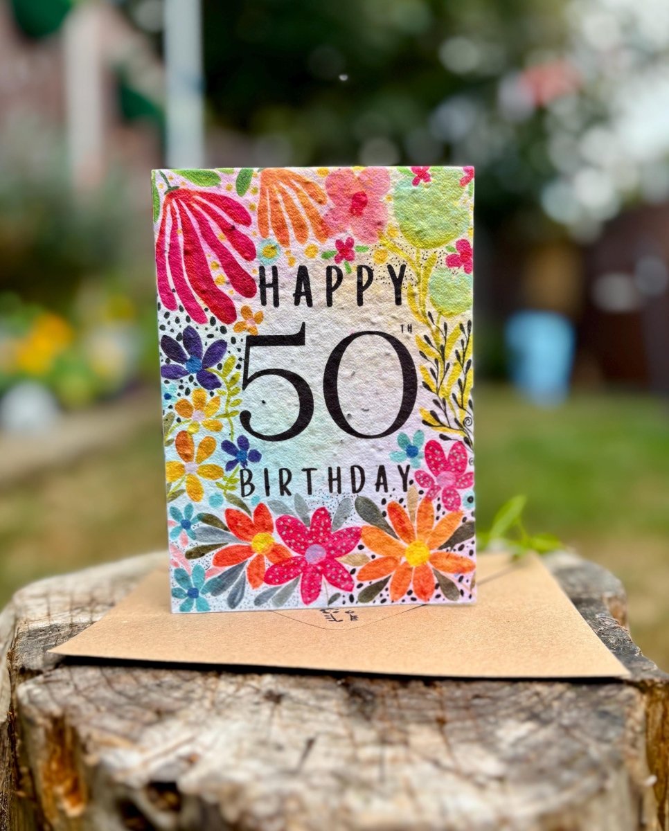 Plantable Seed Paper 50th Birthday Card: Bee Design - Erika's Whimsical Art