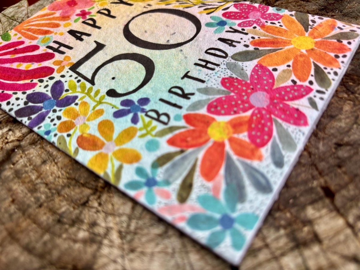 Plantable Seed Paper 50th Birthday Card: Bee Design - Erika's Whimsical Art