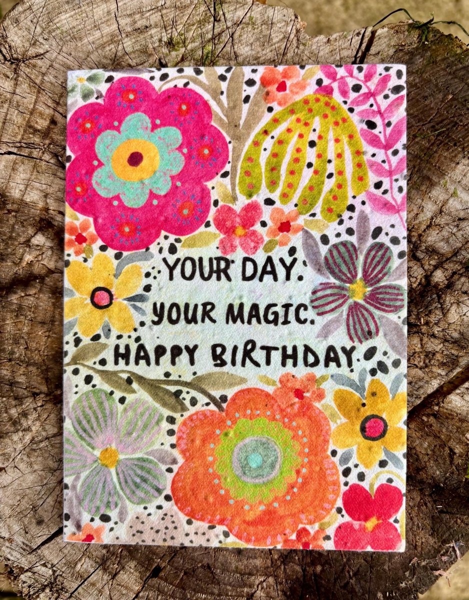 Plantable Seed Paper Birthday Card: Bee & Floral Design - Erika's Whimsical Art
