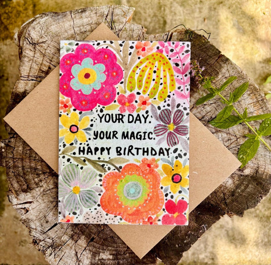 Plantable Seed Paper Birthday Card: Bee & Floral Design - Erika's Whimsical Art