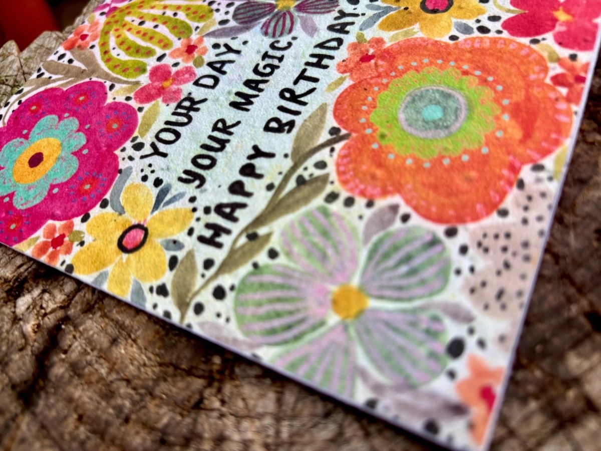 Plantable Seed Paper Birthday Card: Bee & Floral Design - Erika's Whimsical Art