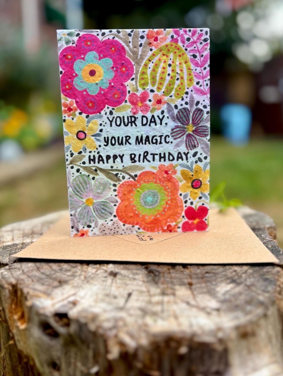 Plantable Seed Paper Birthday Card: Bee & Floral Design - Erika's Whimsical Art