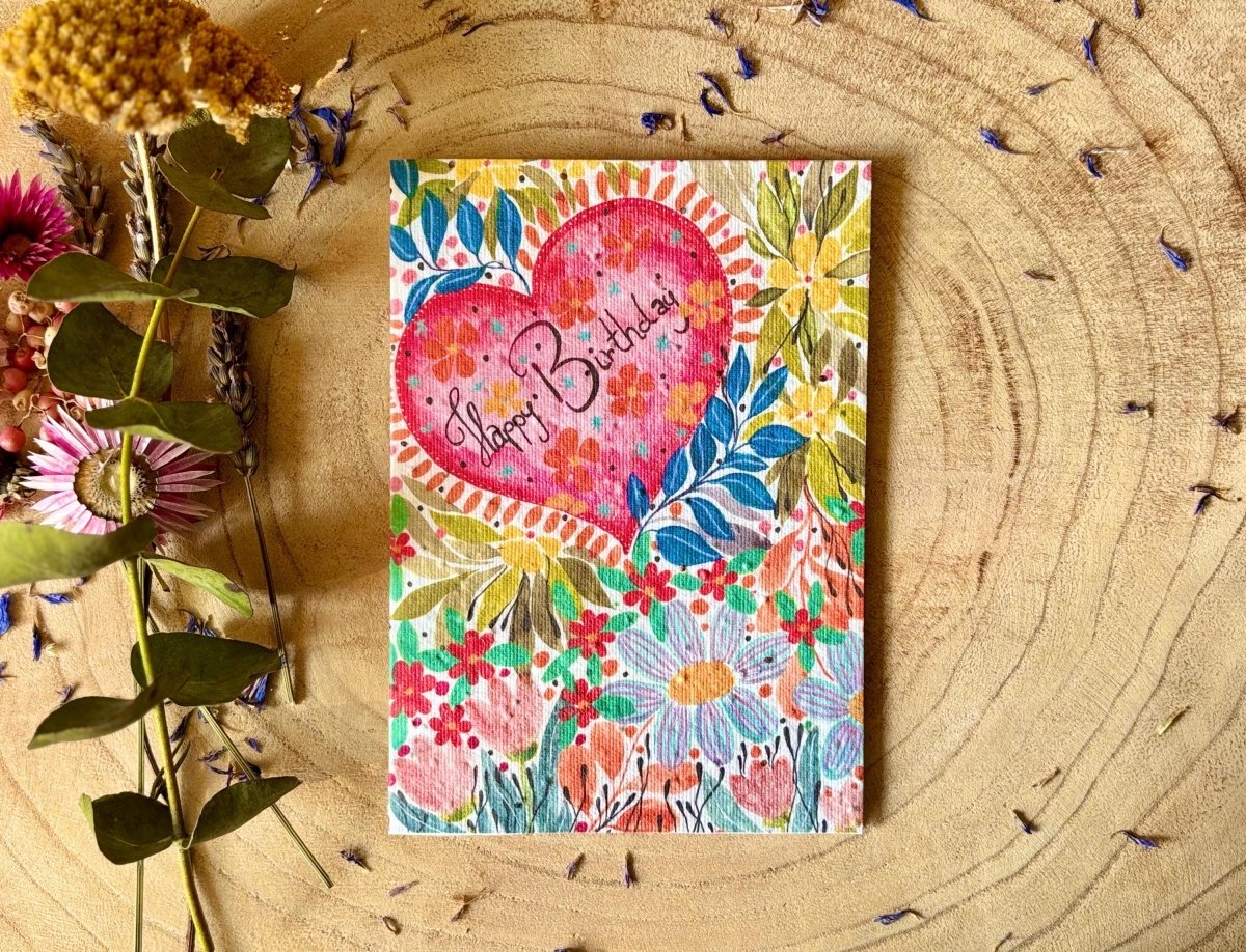 Plantable Seed Paper Birthday Card: Bee & Flower Design - Erika's Whimsical Art