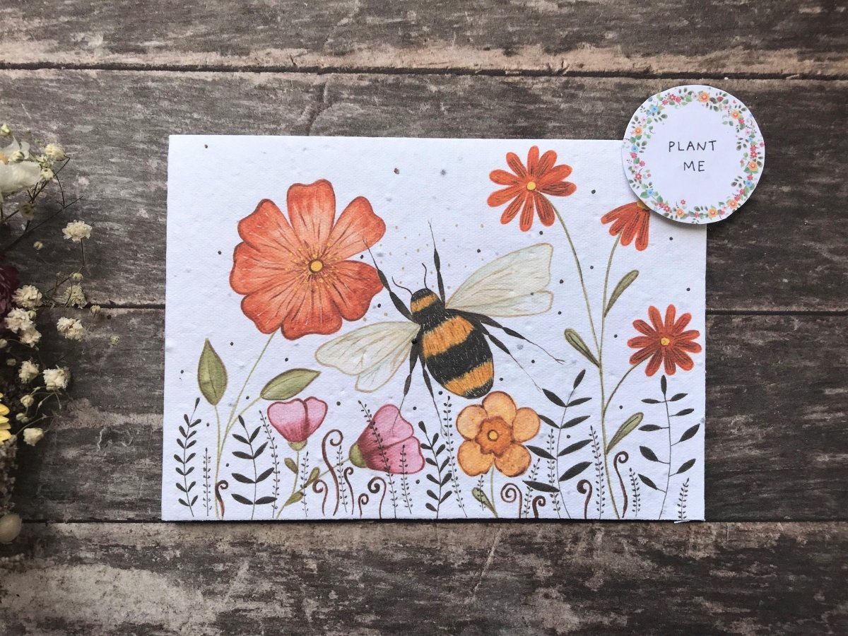 Plantable Seed Paper Birthday Card: Bee & Flower Design - Erika's Whimsical Art