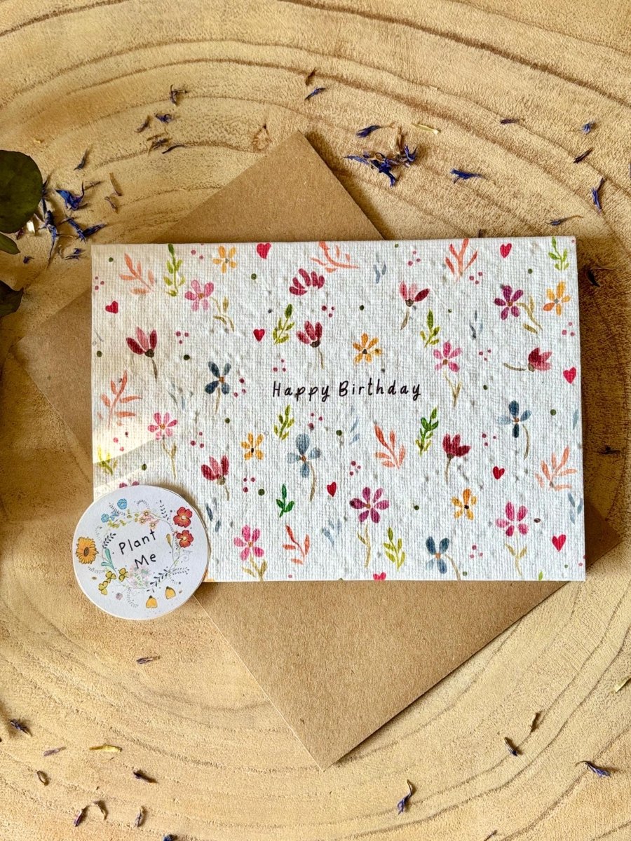 Plantable Seed Paper Birthday Card: Bee & Flower Design - Erika's Whimsical Art